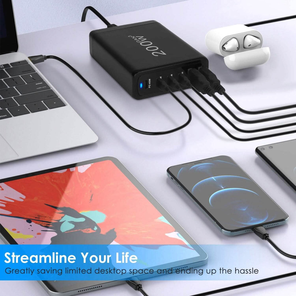 200W GaN Charging Station — 6-Port USB-C PD & USB-A Fast Wall Charger