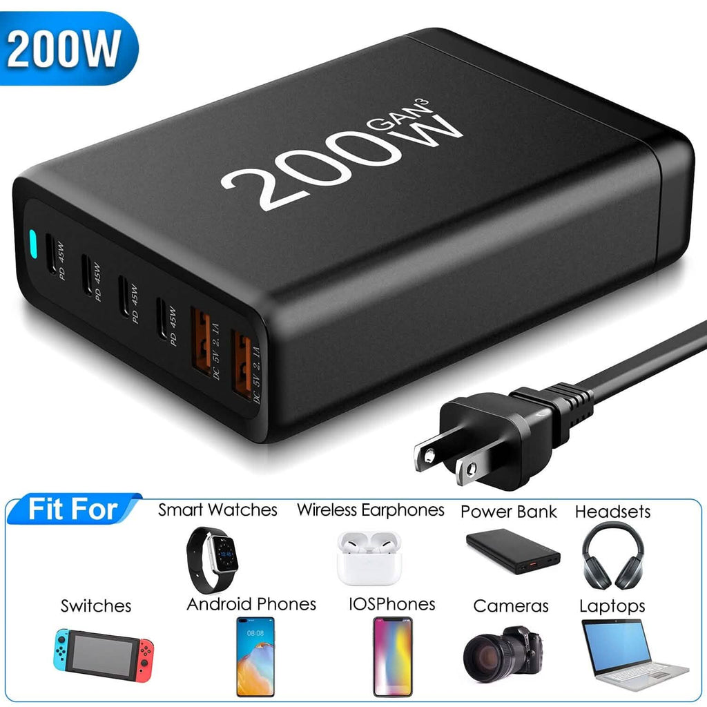 200W GaN Charging Station — 6-Port USB-C PD & USB-A Fast Wall Charger