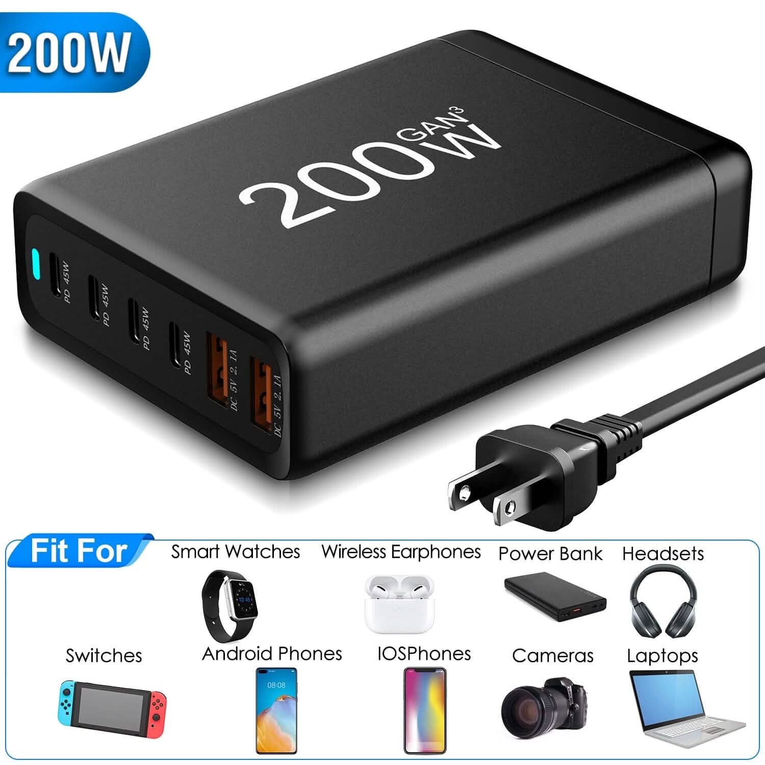 200W GaN Charging Station — 6-Port USB-C PD & USB-A Fast Wall Charger