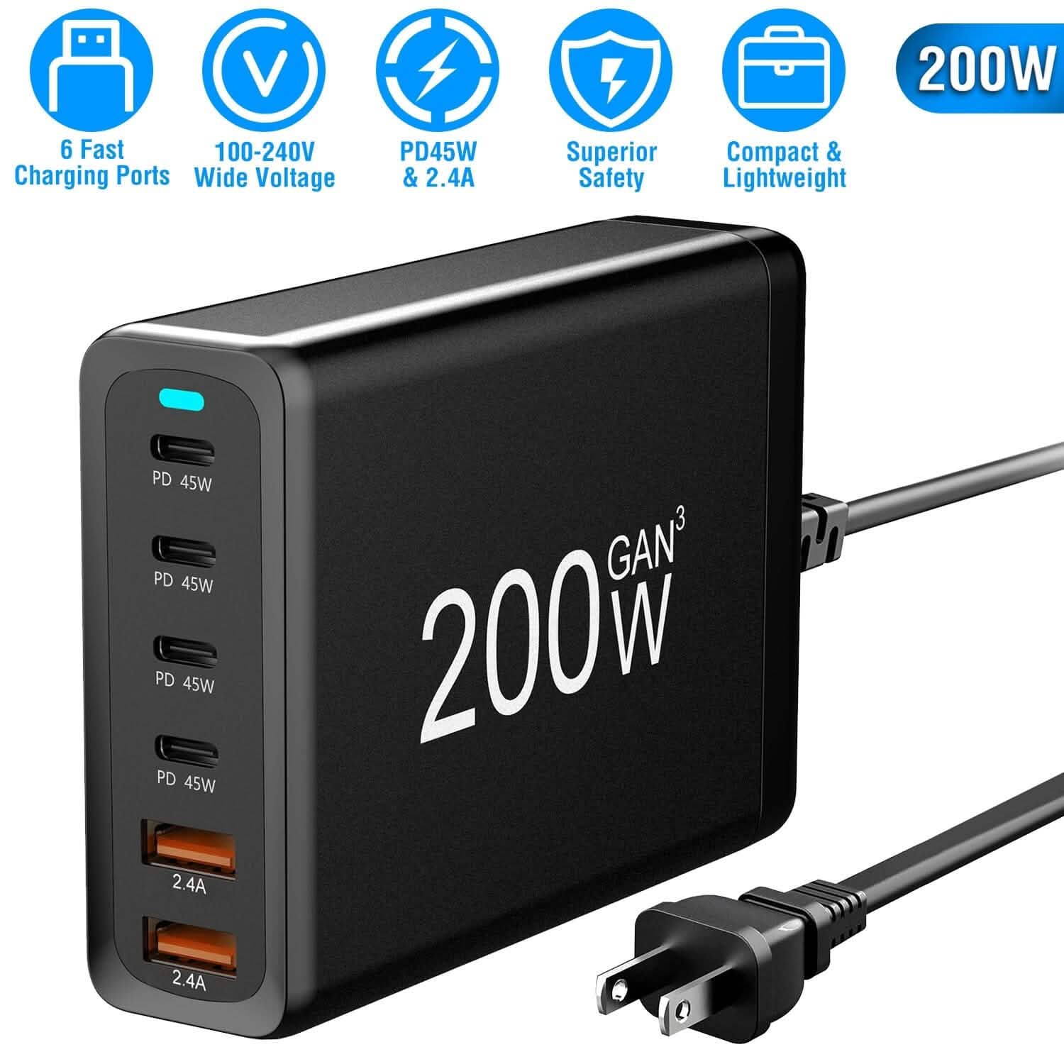 200W GaN Charging Station — 6-Port USB-C PD & USB-A Fast Wall Charger