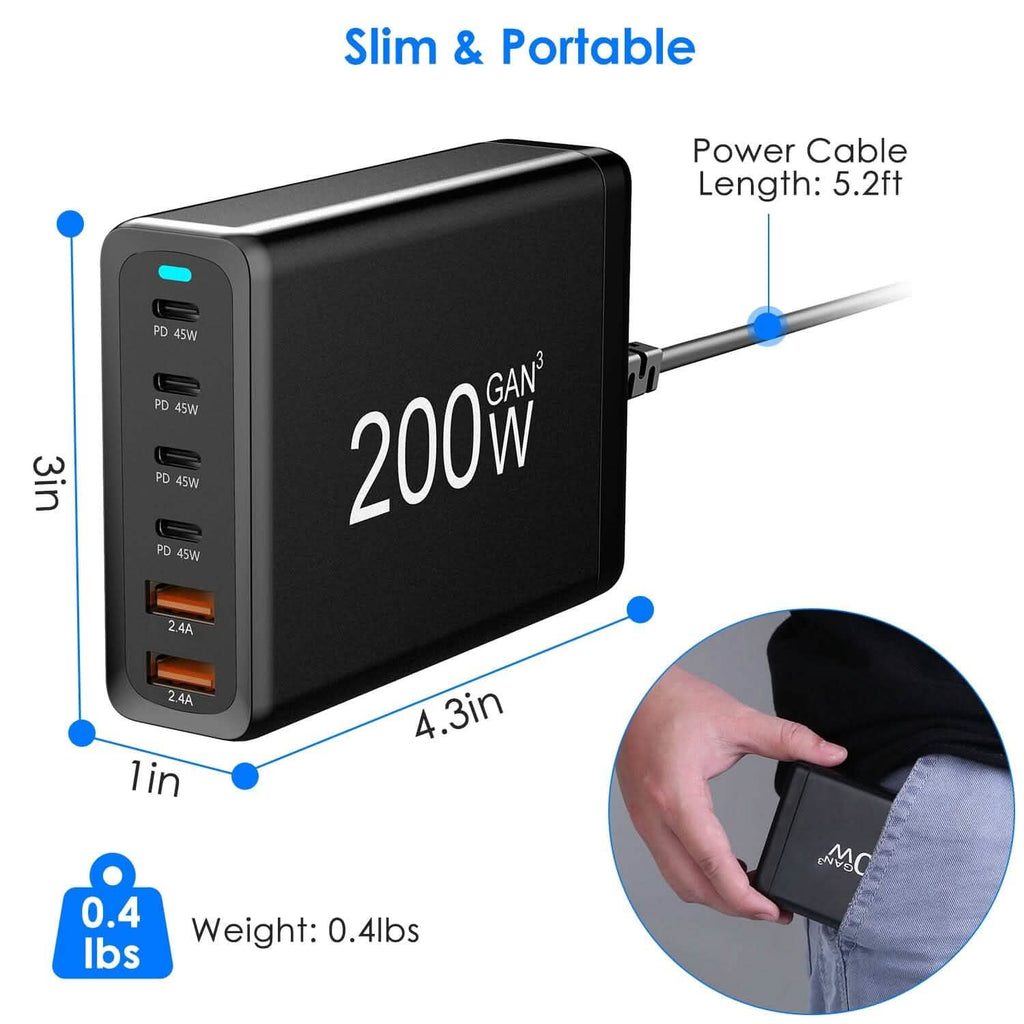 200W GaN Charging Station — 6-Port USB-C PD & USB-A Fast Wall Charger
