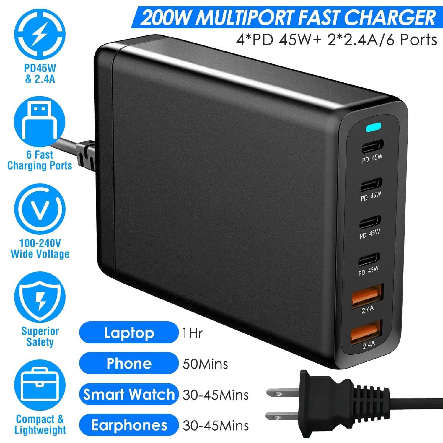 200W GaN Charging Station — 6-Port USB-C PD & USB-A Fast Wall Charger