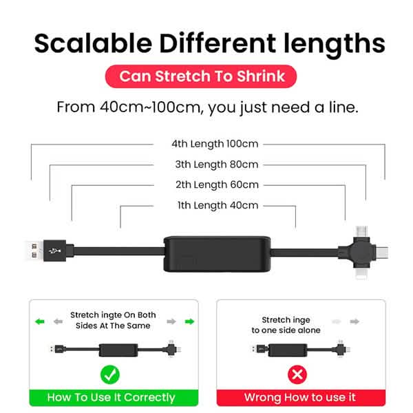 3-in-1 tragbares, einziehbares Ladekabel