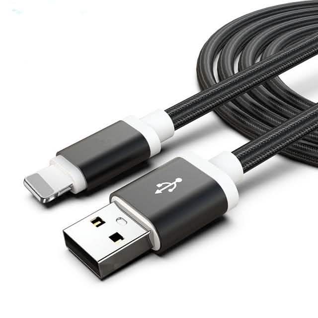 Black and white USB cable with Lightning connector on a white background