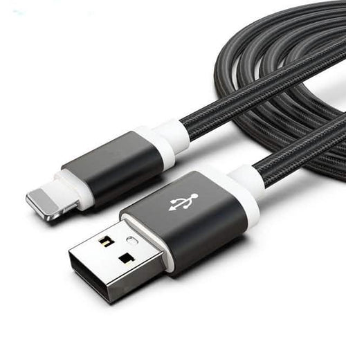 Black and white USB cable with Lightning connector on a white background