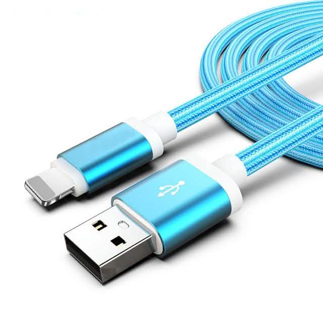 Blue USB cable with metal connectors on a white background