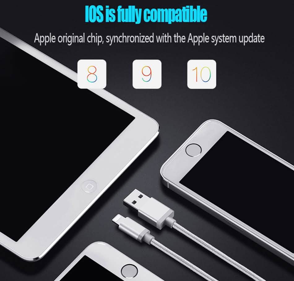 Smartphones and charging cable with text about iOS compatibility on a dark background