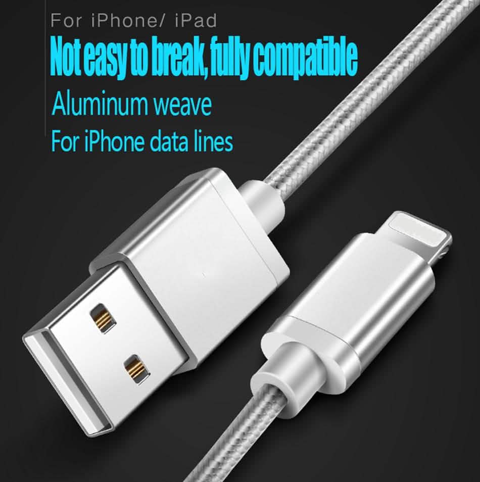 Phone data cable with USB and Lightning connectors on a black background