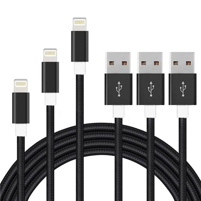 Black USB cable with Lightning connectors on a white background
