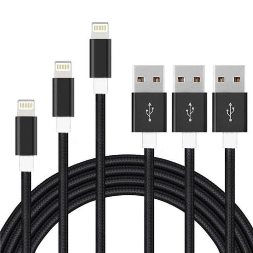 Black USB cable with Lightning connectors on a white background