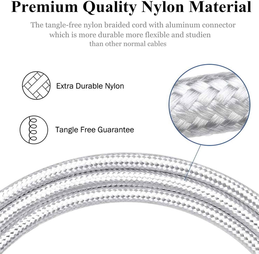 Premium quality nylon material cable with tangle-free guarantee text and illustration.