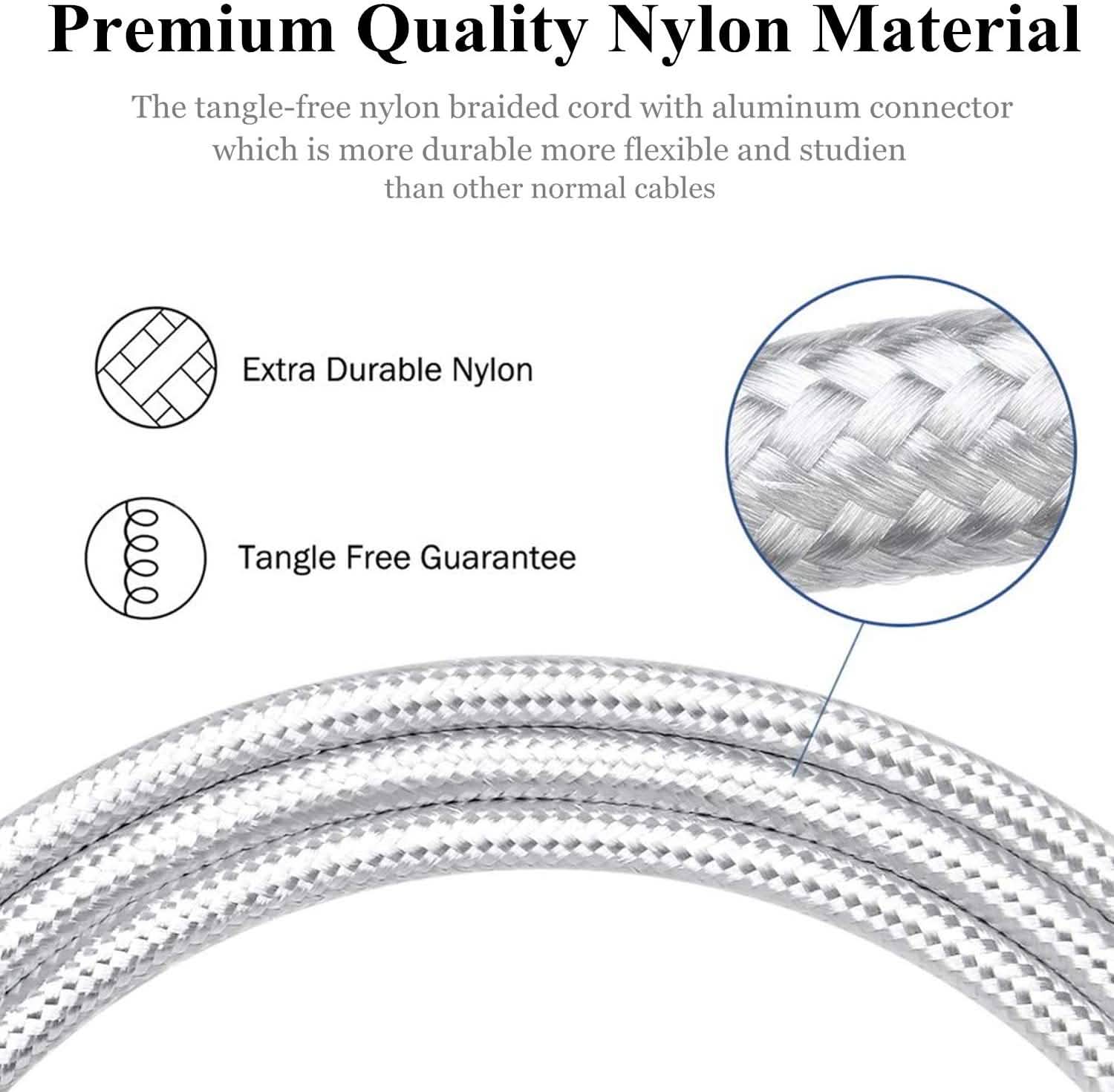 Premium quality nylon material cable with tangle-free guarantee text and illustration.