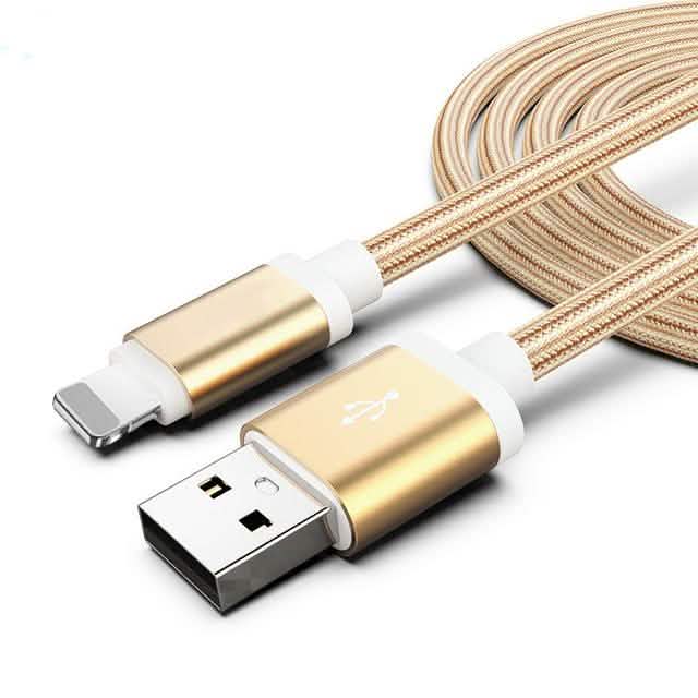 Gold USB cable with lightning connector on a white background