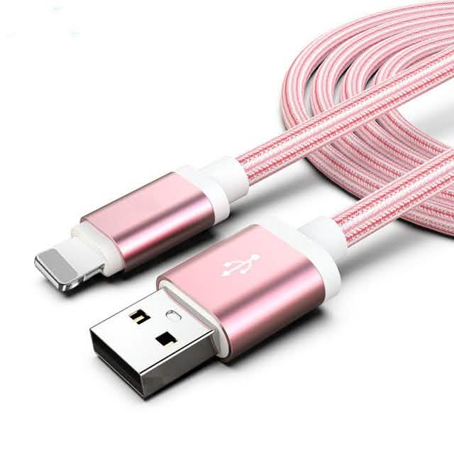Pink USB cable with metal connectors on a white background
