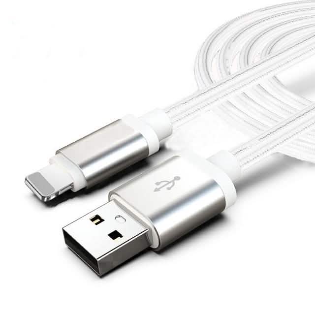 White USB cable with Lightning connector on a white background