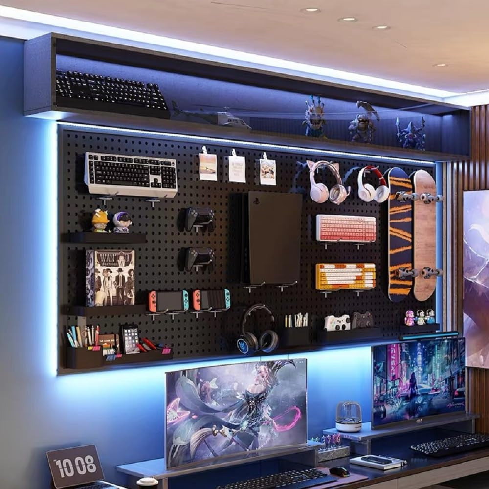 Gaming setup with LED lighting, computer equipment, and decor in a room.