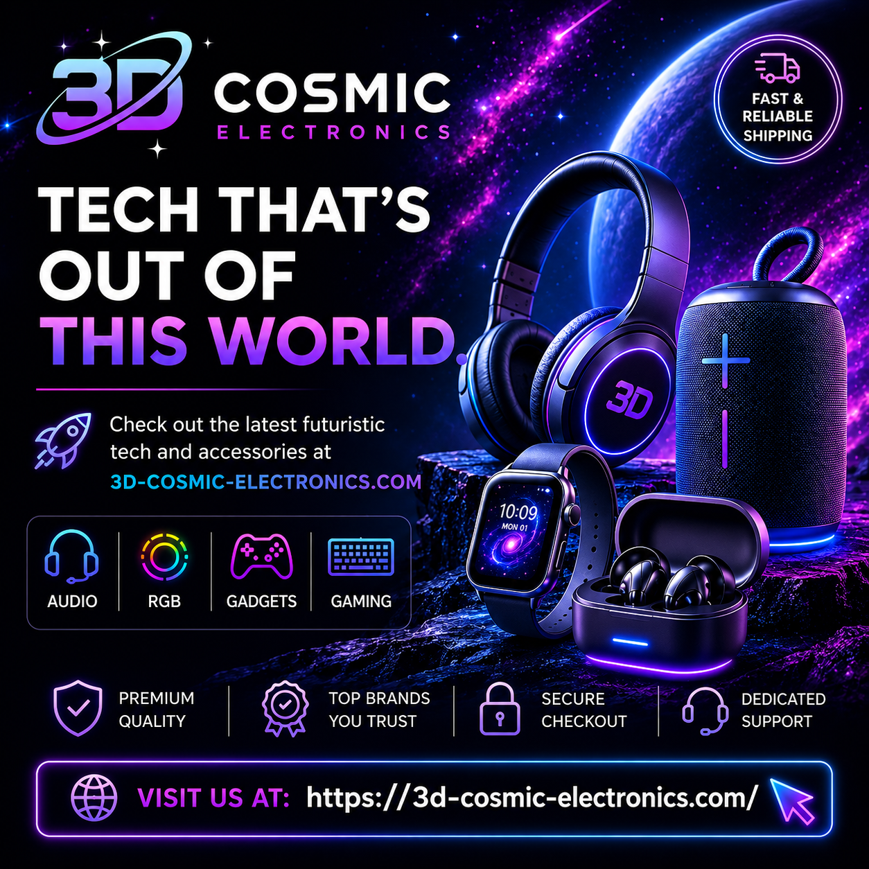 Advertisement for 3D Cosmic Electronics featuring futuristic tech and accessories with a cosmic background.