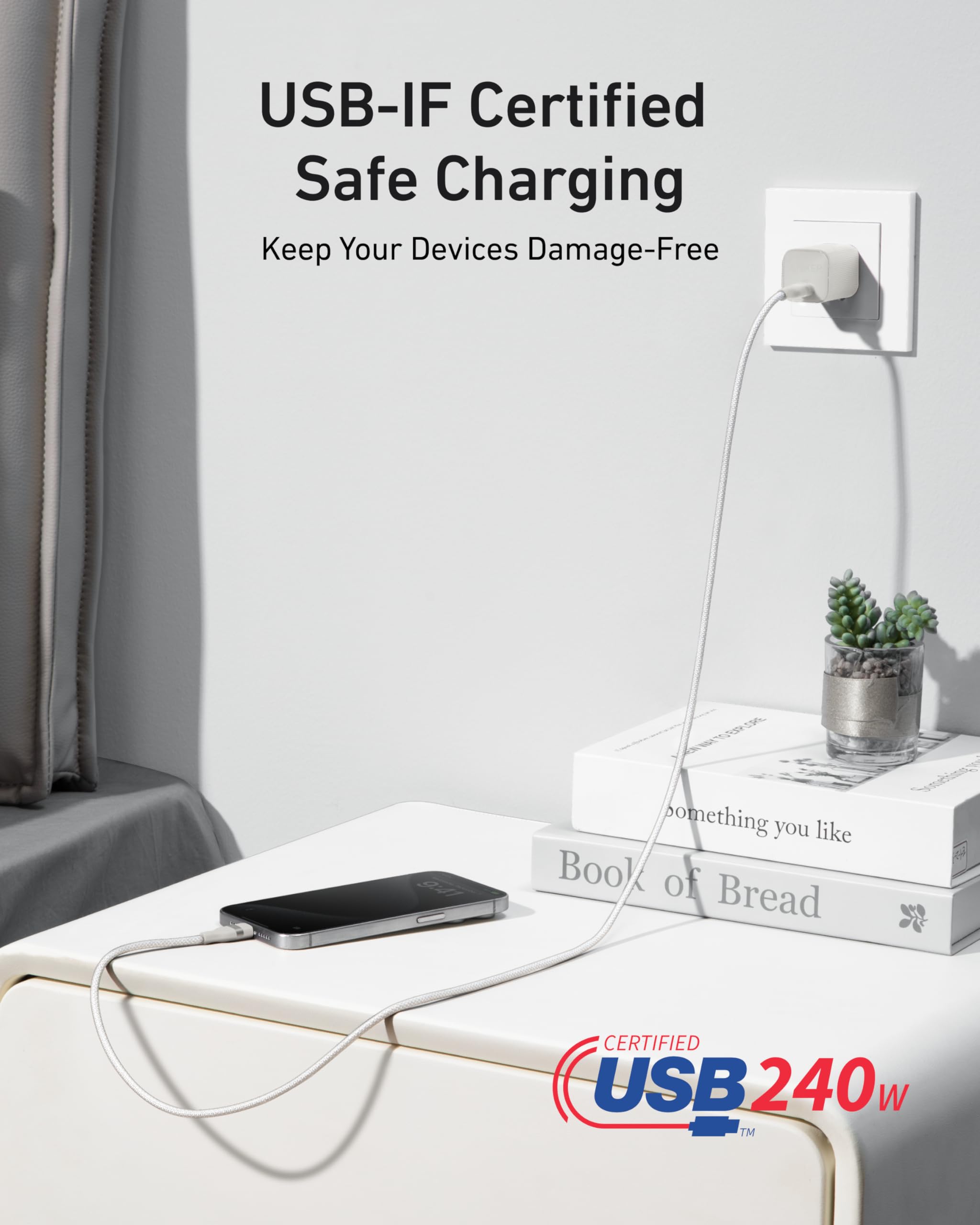 USB charging cable connected to a smartphone on a table with 'USB-IF Certified Safe Charging' text.