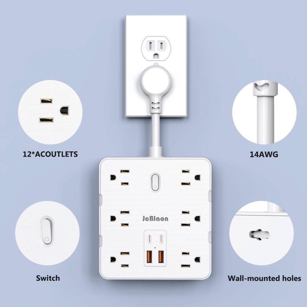 White extension cord with multiple outlets and USB ports on a light blue background