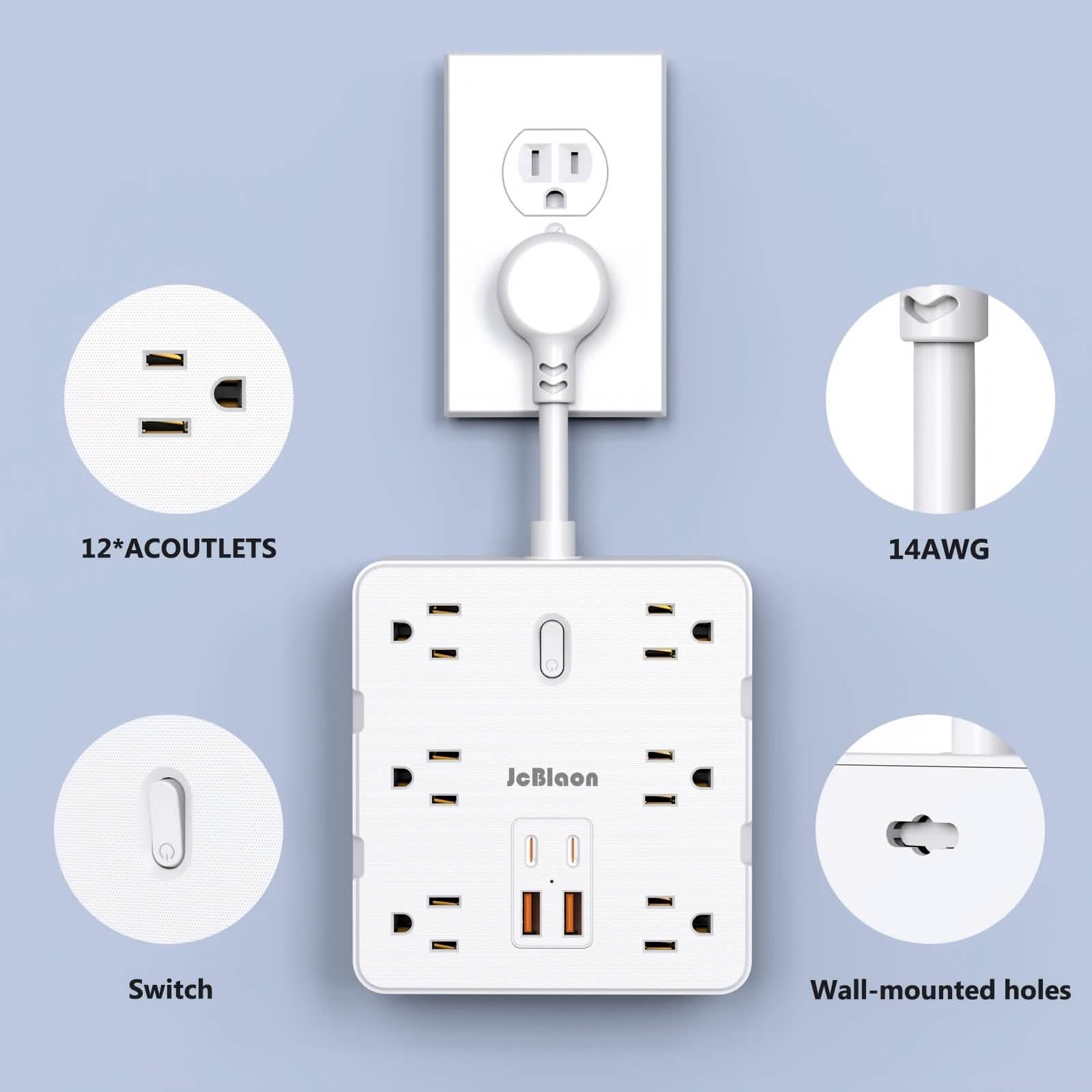 White extension cord with multiple outlets and USB ports on a light blue background