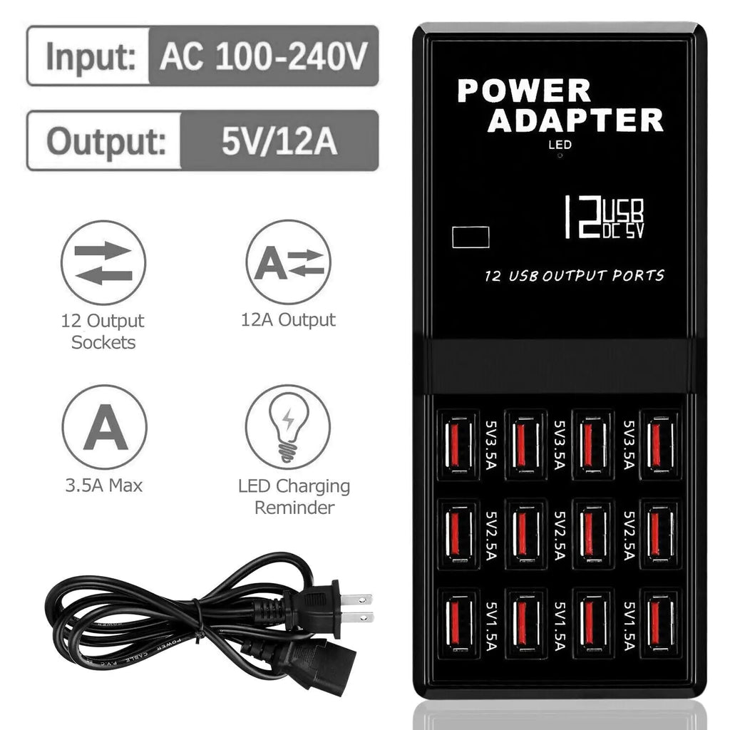 12-Port USB Charging Station Hub — Desktop & Wall Phone Charger Organizer