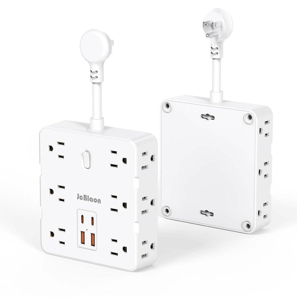 White power strip with multiple outlets and USB ports on a white background