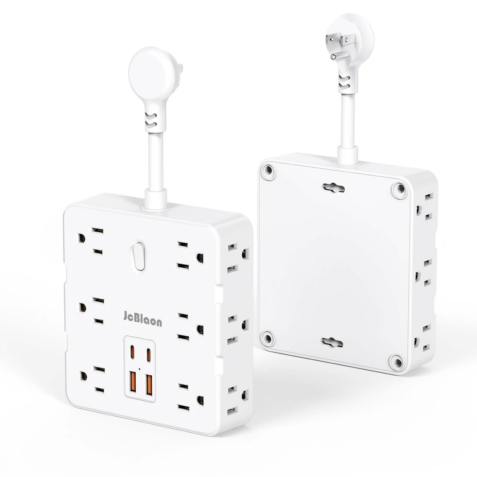 White power strip with multiple outlets and USB ports on a white background