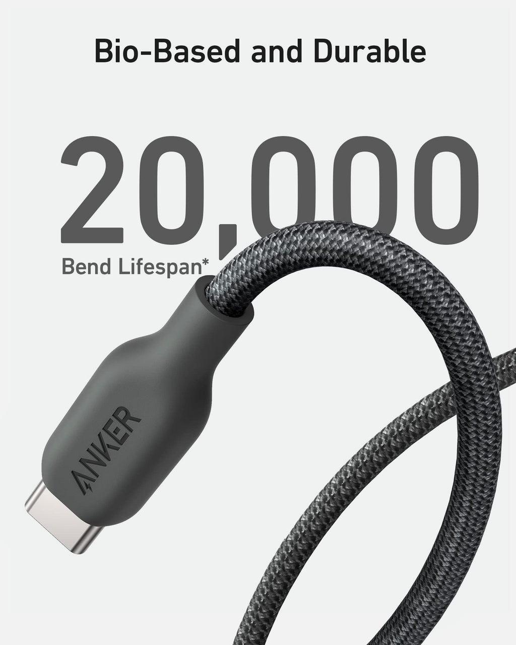 Anker cable with text indicating 20,000 bend lifespan on a gray background