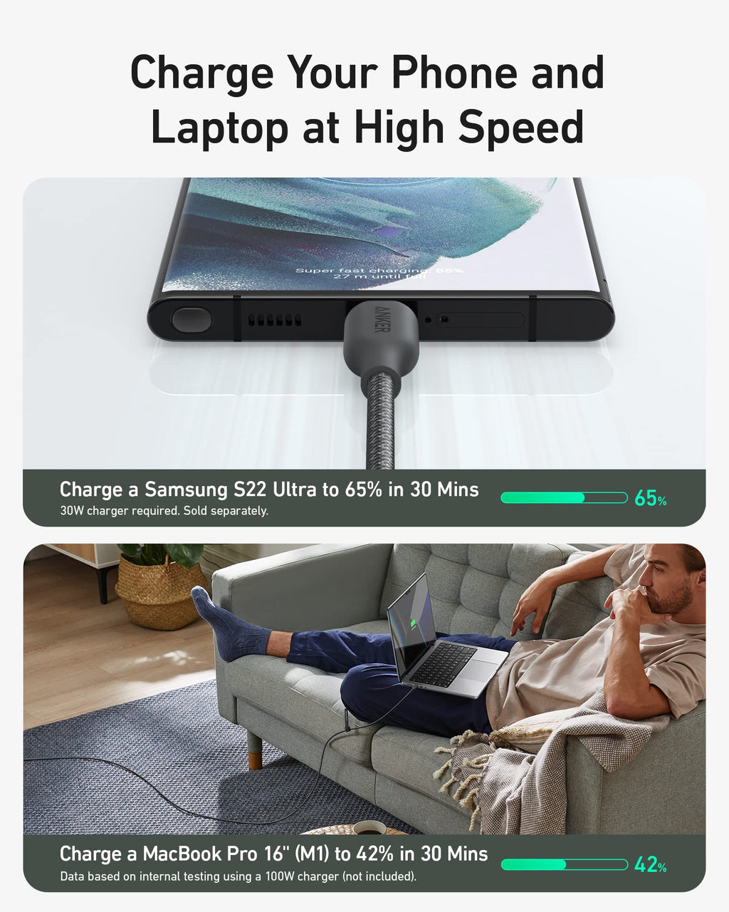 Portable power station charging a phone and laptop with text indicating fast charging speeds.