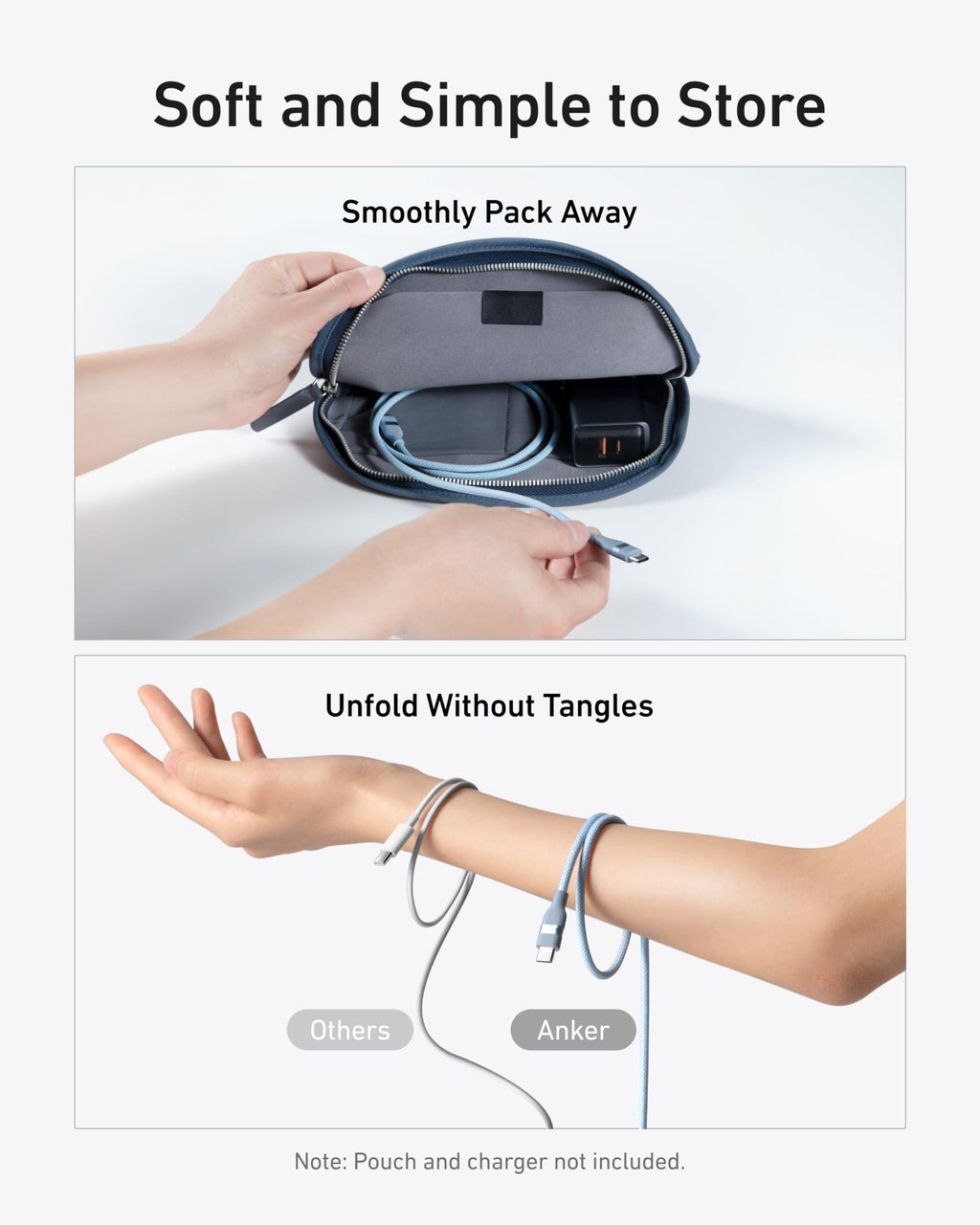 Product packaging with text 'Soft and Simple to Store' and 'Smoothly Pack Away'.