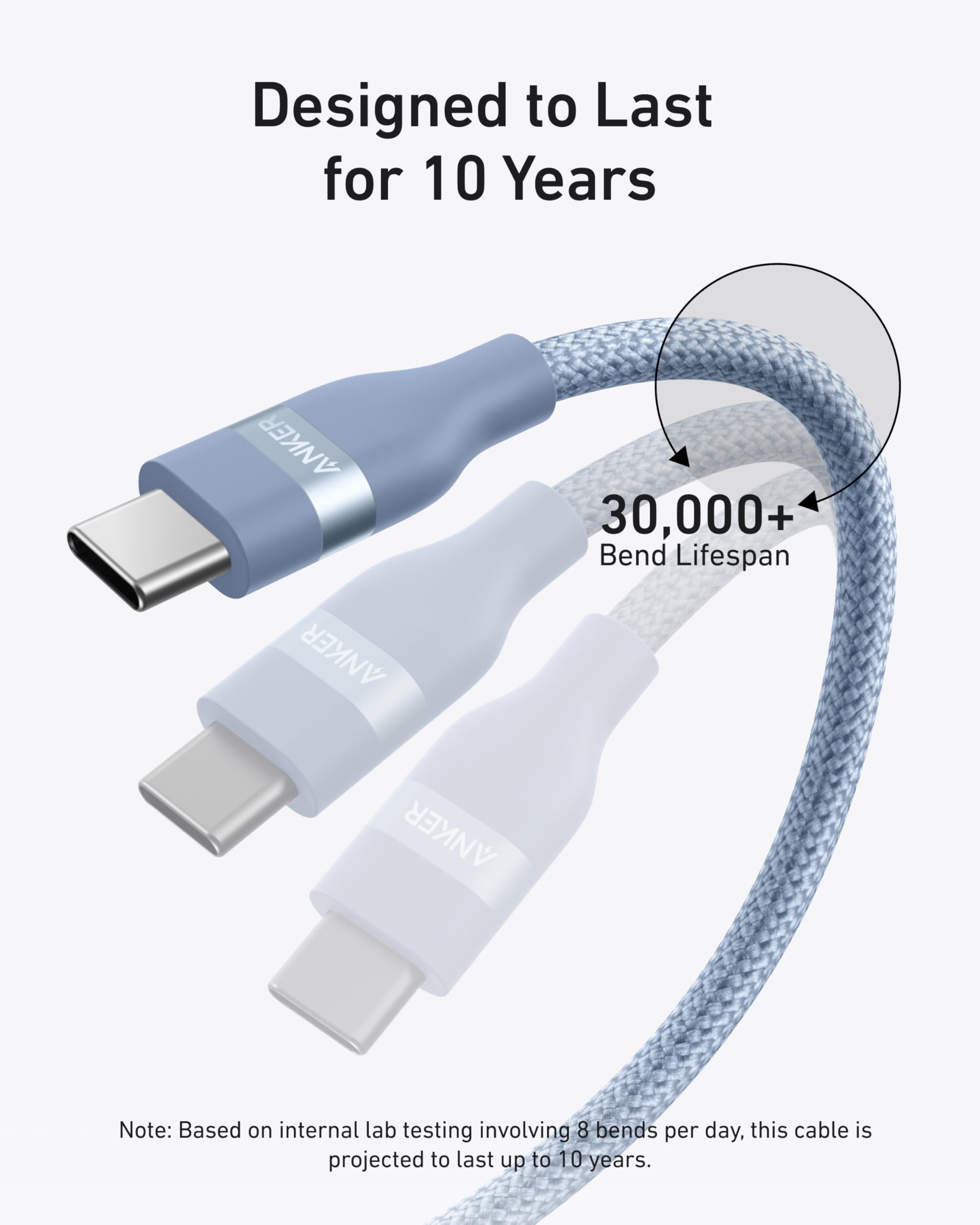 Three ANKER cables with text indicating a 10-year lifespan and 30,000 bend lifespan on a white background.