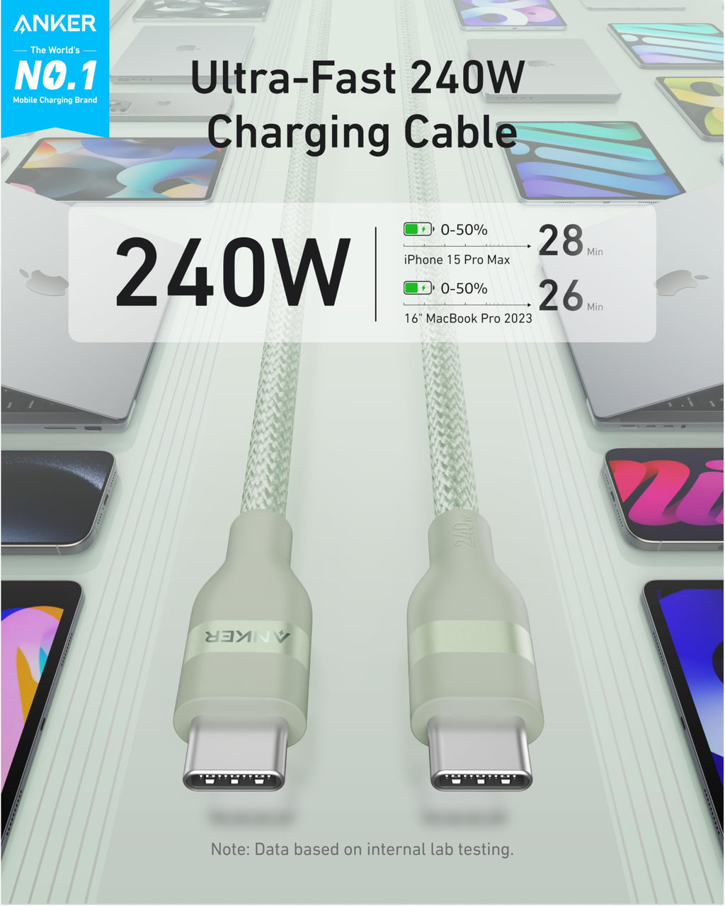 Anker USB-C auf USB-C Kabel (0,9 m / 1,8 m, 240W, Geflecht aus recycelten Materialien)