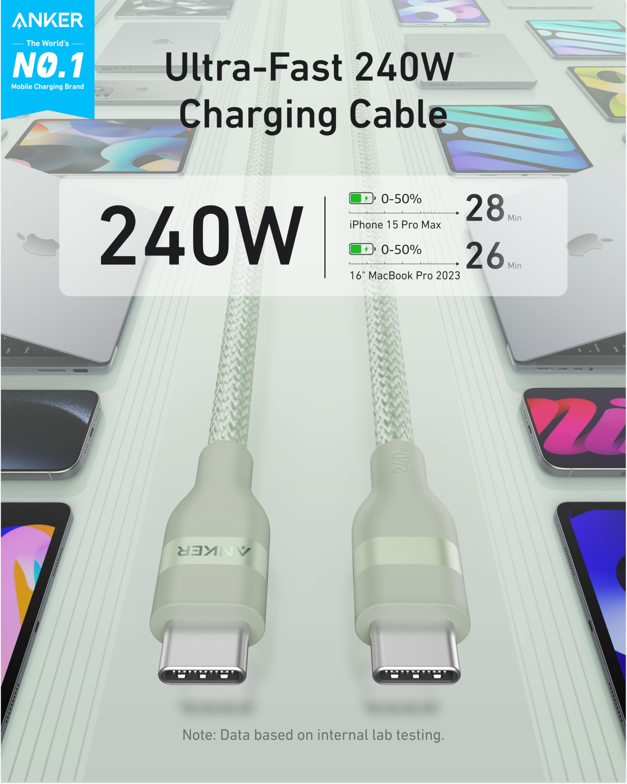 Anker USB-C auf USB-C Kabel (0,9 m / 1,8 m, 240W, Geflecht aus recycelten Materialien)