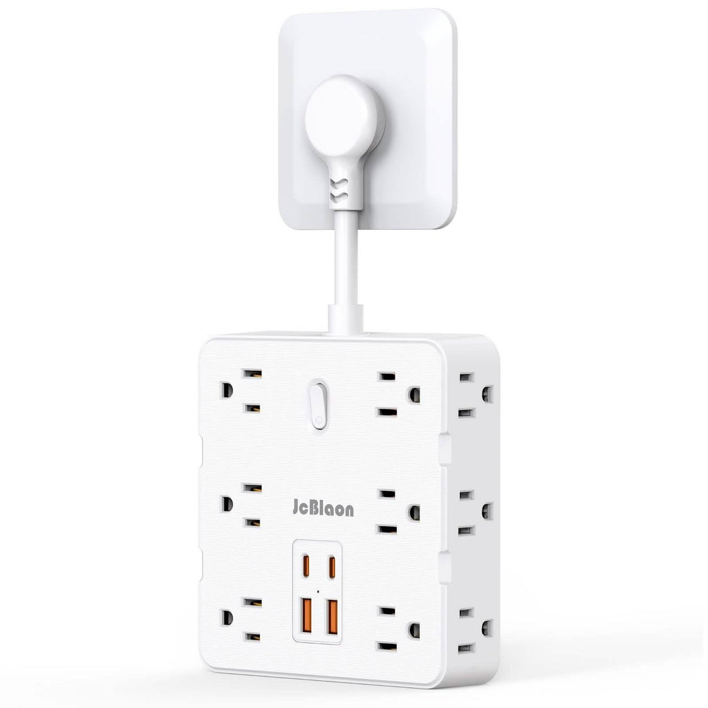 White power strip with multiple outlets and USB ports on a white background