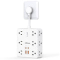 White power strip with multiple outlets and USB ports on a white background