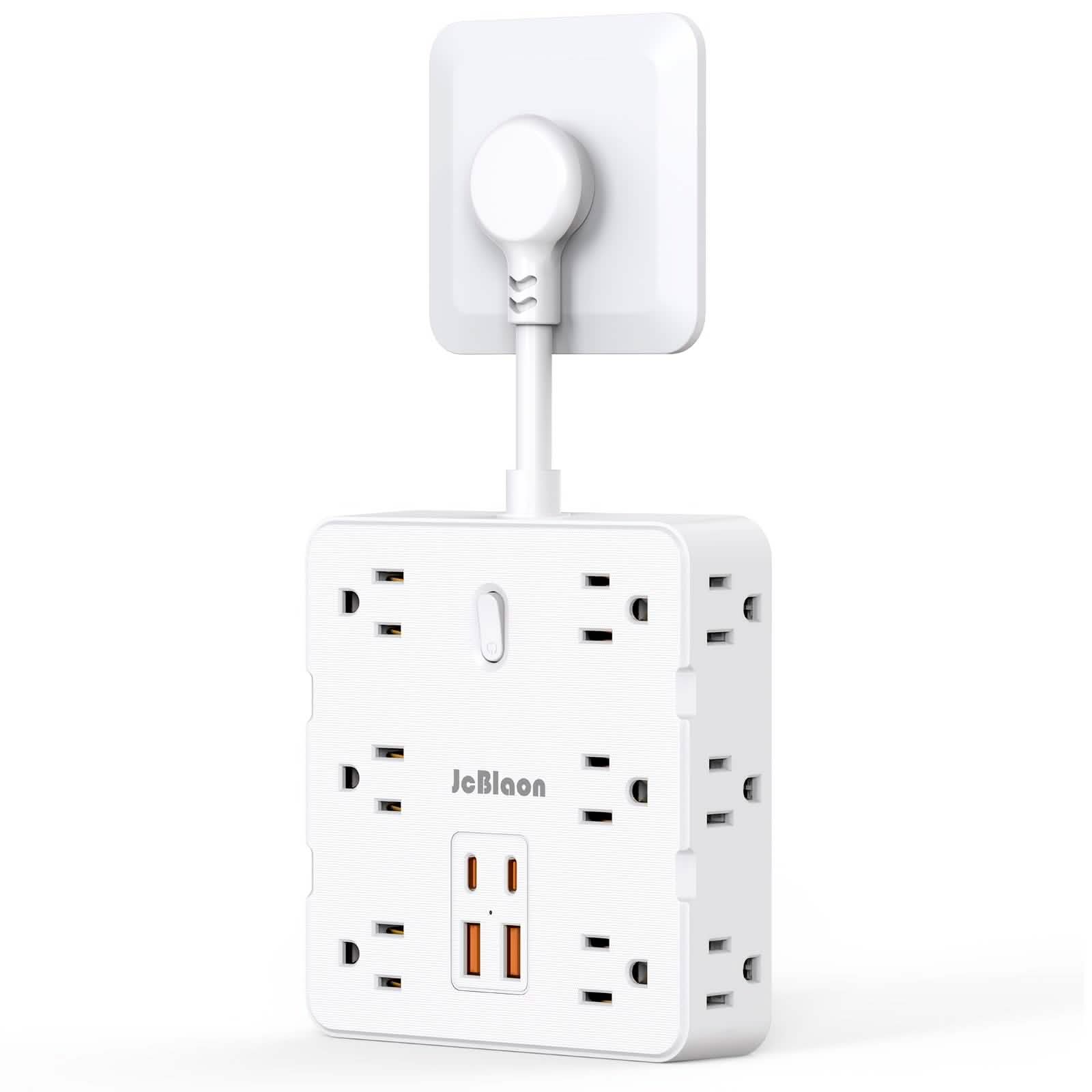 White power strip with multiple outlets and USB ports on a white background
