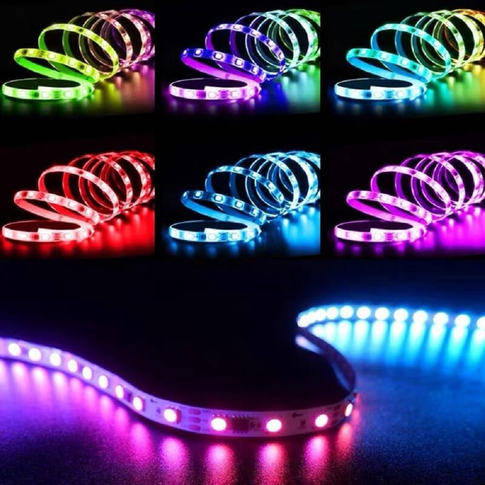 LED strip lights in various colors on a black background