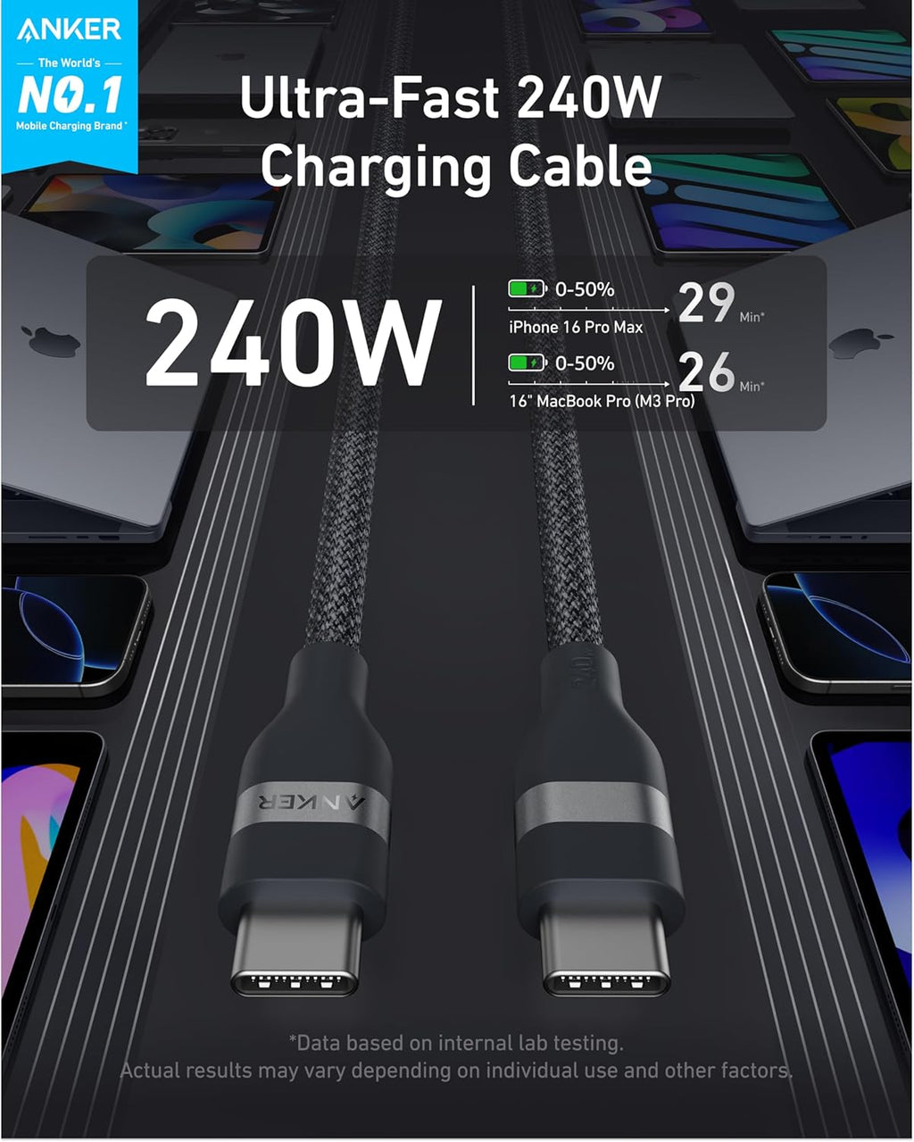 Anker USB-C auf USB-C Kabel (0,9 m / 1,8 m, 240W, Geflecht aus recycelten Materialien)