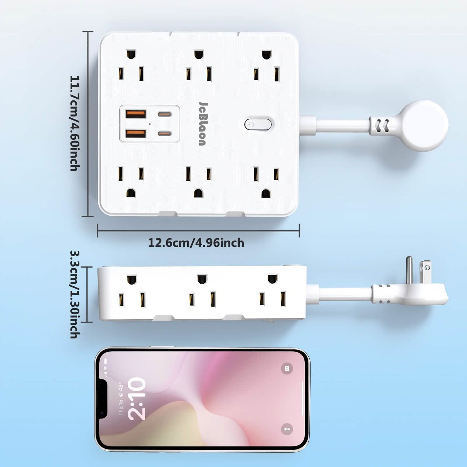 Power strip with multiple outlets and USB ports, showing dimensions and a smartphone for scale on a light blue background.
