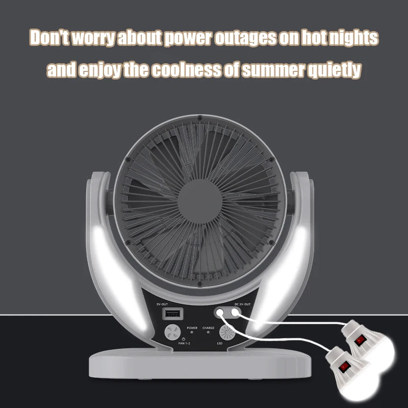 Portable fan with remote control on a dark background