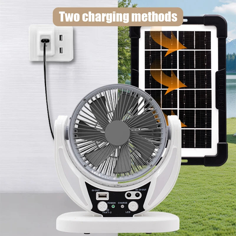 Portable fan with charging options via wall outlet and solar panel on a scenic background