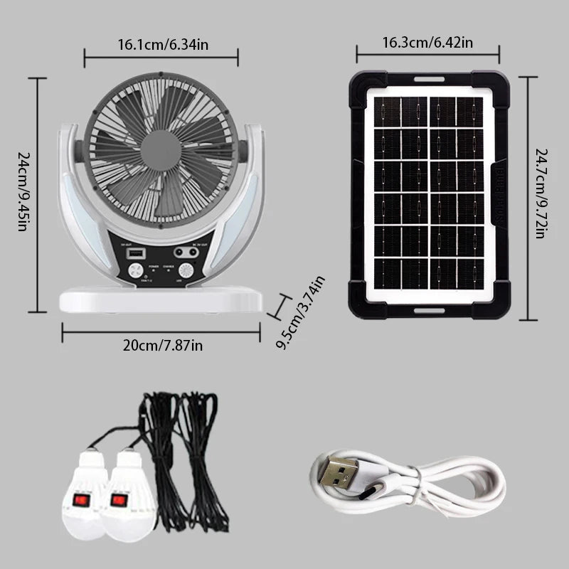 Solar panel, fan, and related components with dimensions on a gray background