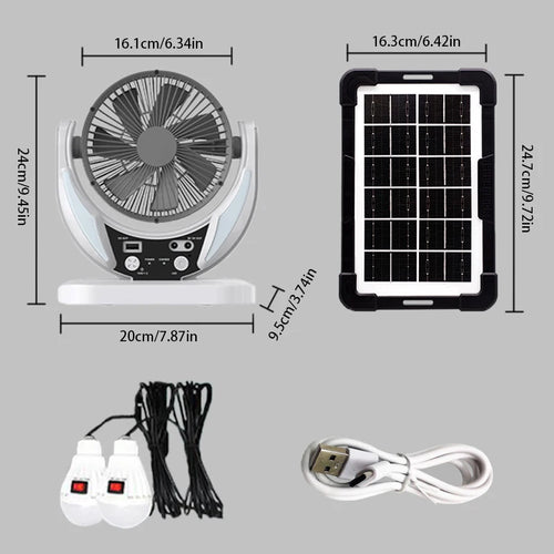 Solar panel, fan, and related components with dimensions on a gray background
