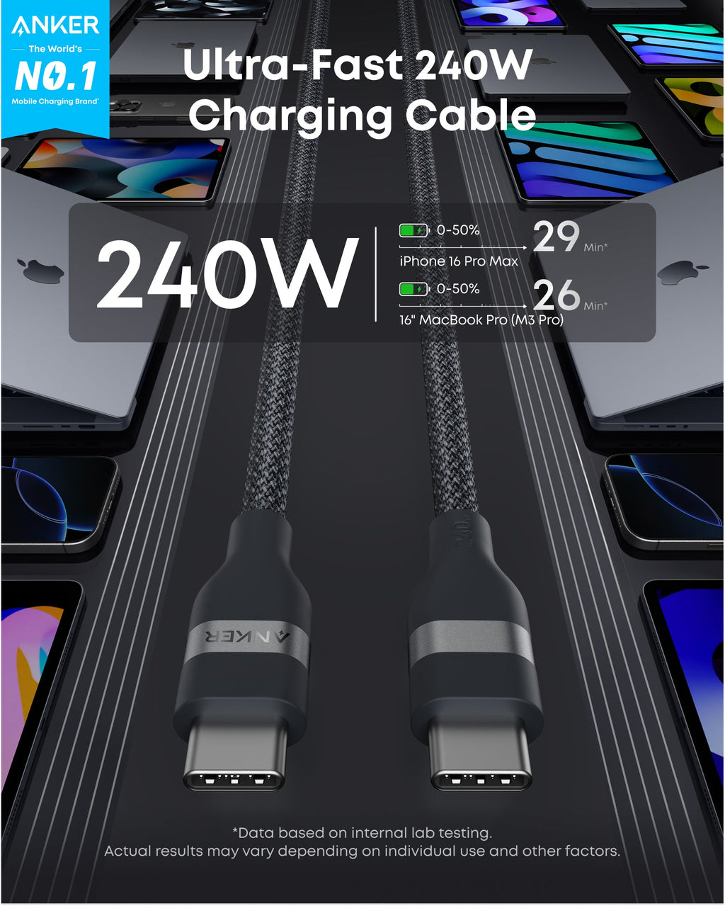 Anker USB-C auf USB-C Kabel (0,9 m / 1,8 m, 240W, Geflecht aus recycelten Materialien)