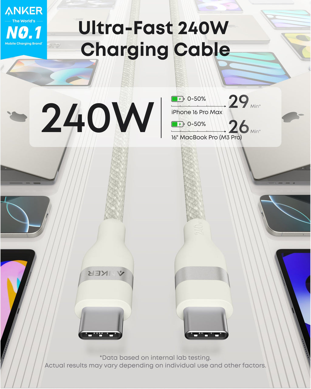 Anker USB-C auf USB-C Kabel (0,9 m / 1,8 m, 240W, Geflecht aus recycelten Materialien)