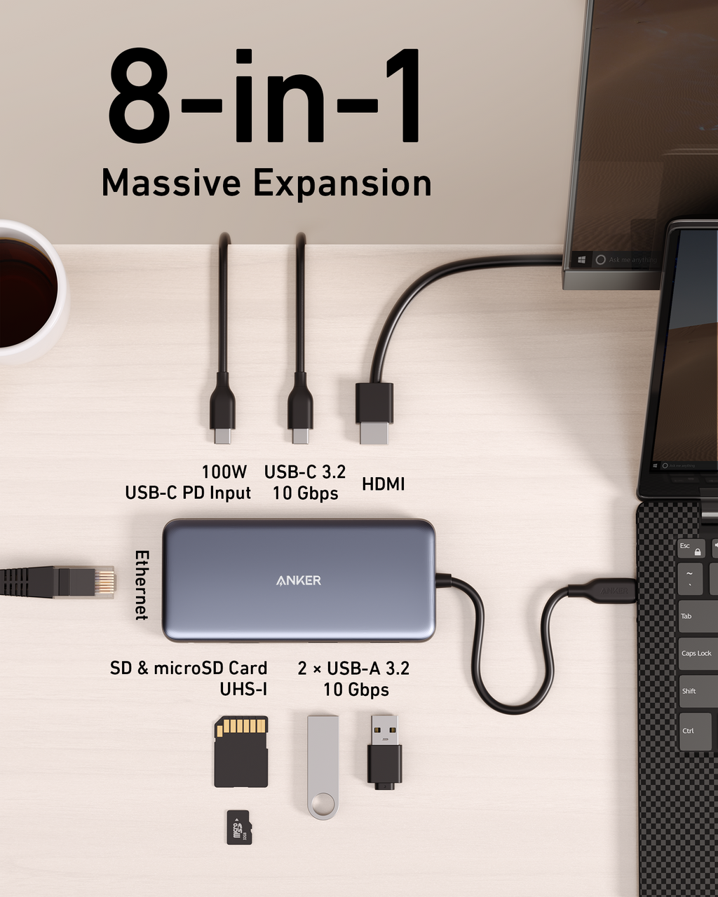 Anker 555 USB-C Hub — 8-in-1 with 4K HDMI & 85W Charging