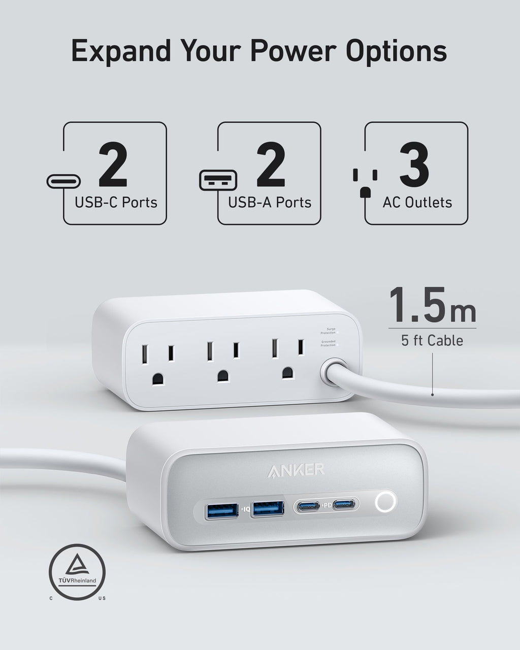 Anker 525 Charging Station, 7-in-1 Power Strip with 3 AC Outlets, 2 USB-C & 2 USB-A Fast Charge Ports, ActiveShield 2.0, Desktop Charger for Home Office