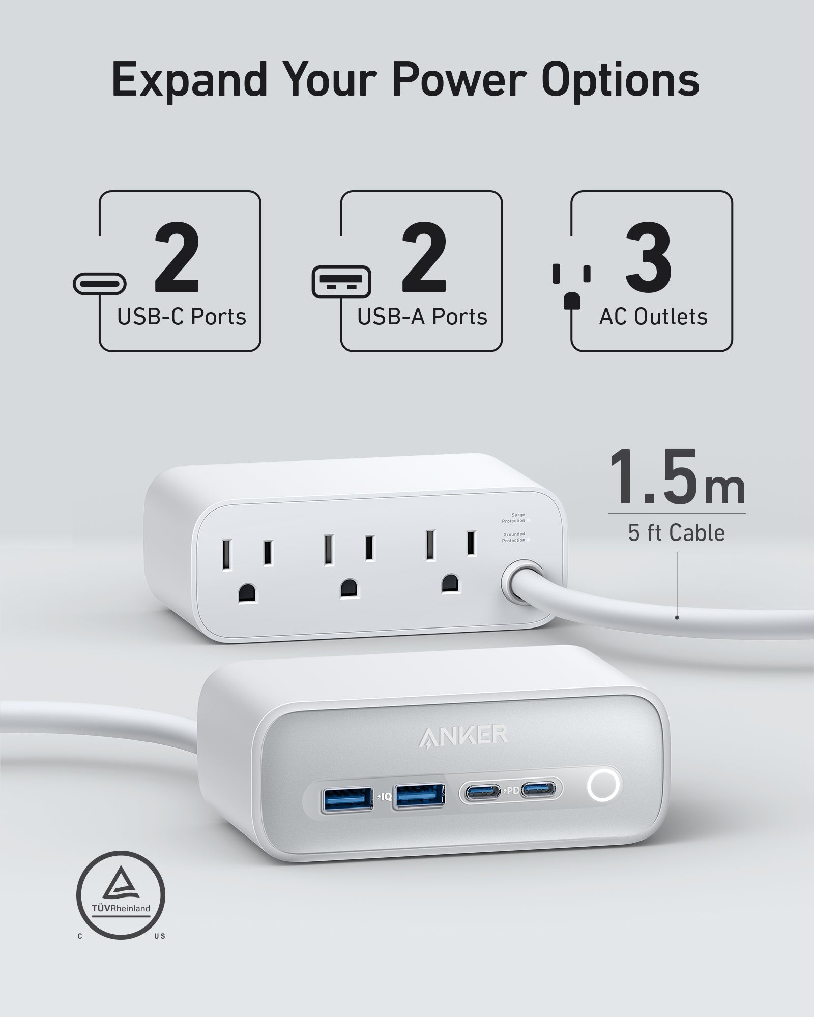 Anker 525 Charging Station, 7-in-1 Power Strip with 3 AC Outlets, 2 USB-C & 2 USB-A Fast Charge Ports, ActiveShield 2.0, Desktop Charger for Home Office