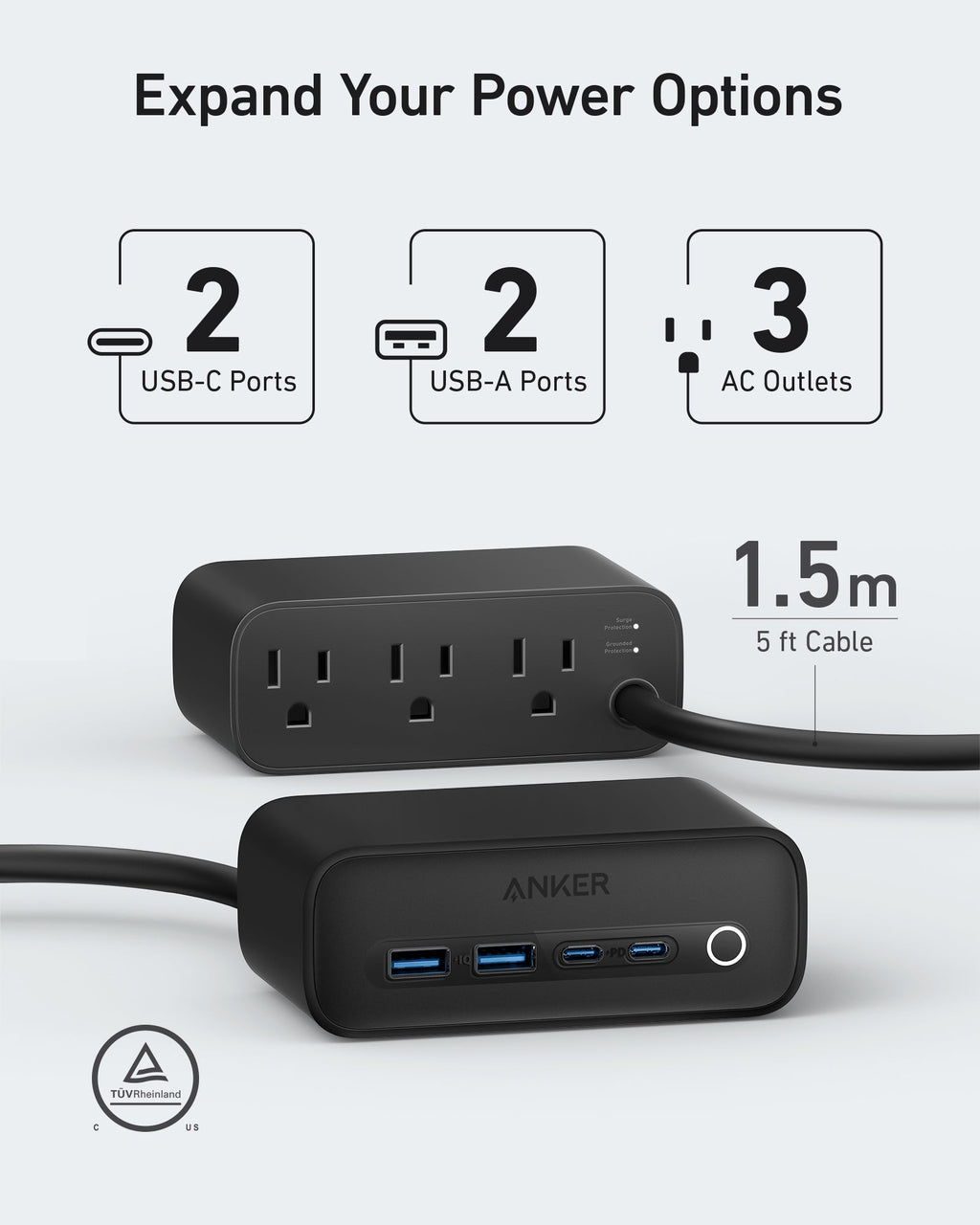 Anker 525 Charging Station, 7-in-1 Power Strip with 3 AC Outlets, 2 USB-C & 2 USB-A Fast Charge Ports, ActiveShield 2.0, Desktop Charger for Home Office