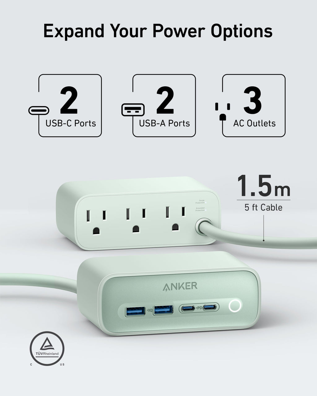 Anker 525 Charging Station, 7-in-1 Power Strip with 3 AC Outlets, 2 USB-C & 2 USB-A Fast Charge Ports, ActiveShield 2.0, Desktop Charger for Home Office